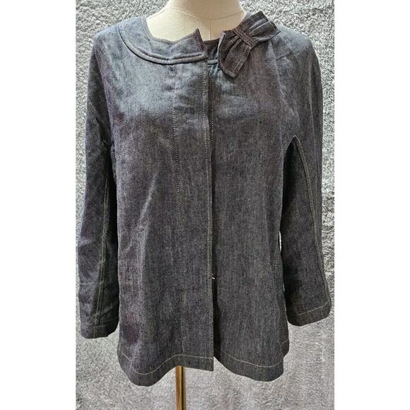 Talbots Linen Chambray Soft Denim Look Lightweight Jacket Top Bow Neckline Sz 8 - Picture 1 of 3